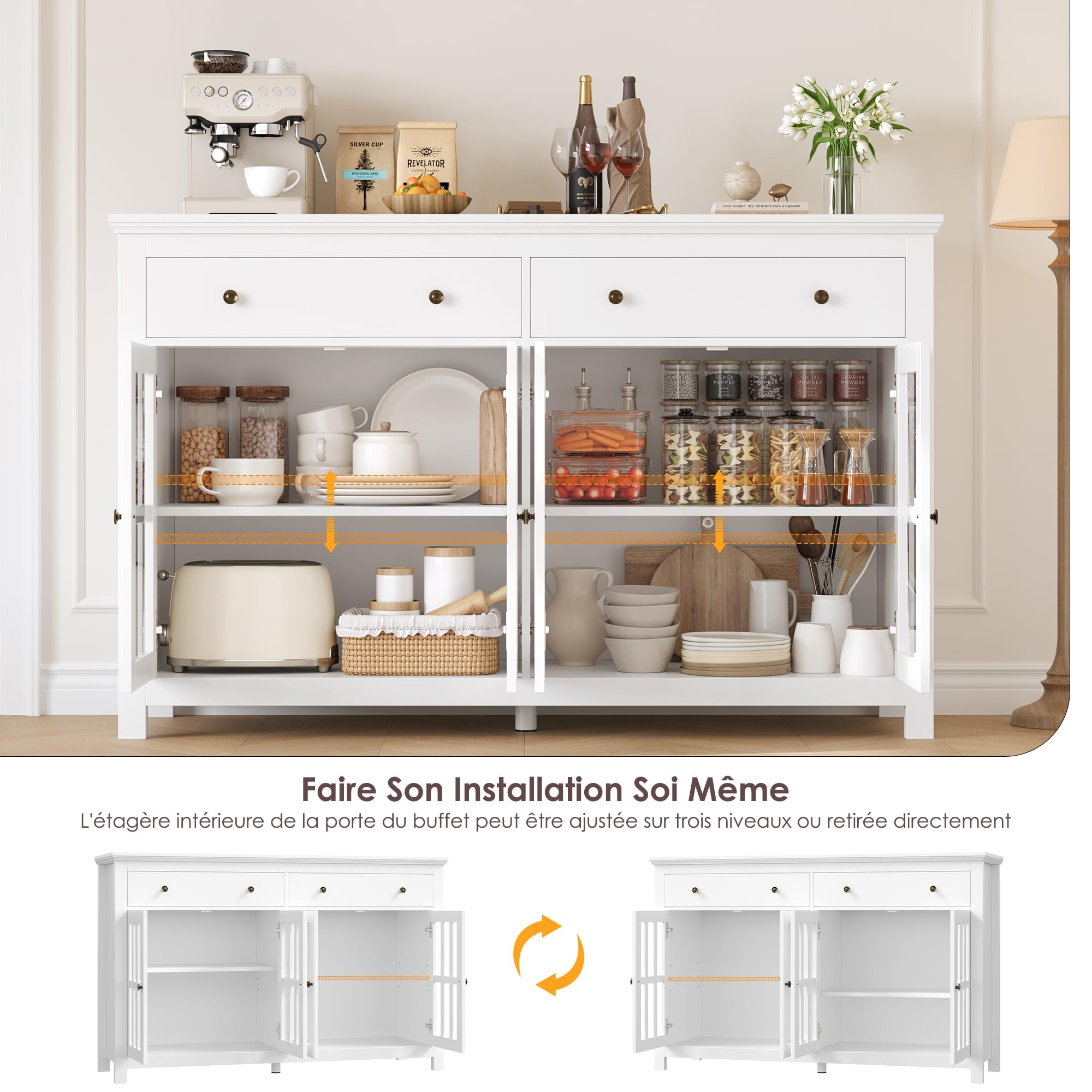 FirFurd Buffet Portes Vitrées Meuble Cuisine Rangement Blanc 140x40x90.7cm | Vaisselier 4 portes et 2 tiroirs | Grand plan de travail | Étagères réglables | Verre trempé | Pour salle à manger, salon