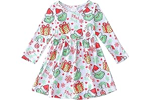 Christmas Kids Toddler Girls Green Grinch Dress Twirl Long Sleeve Dress 3-4T