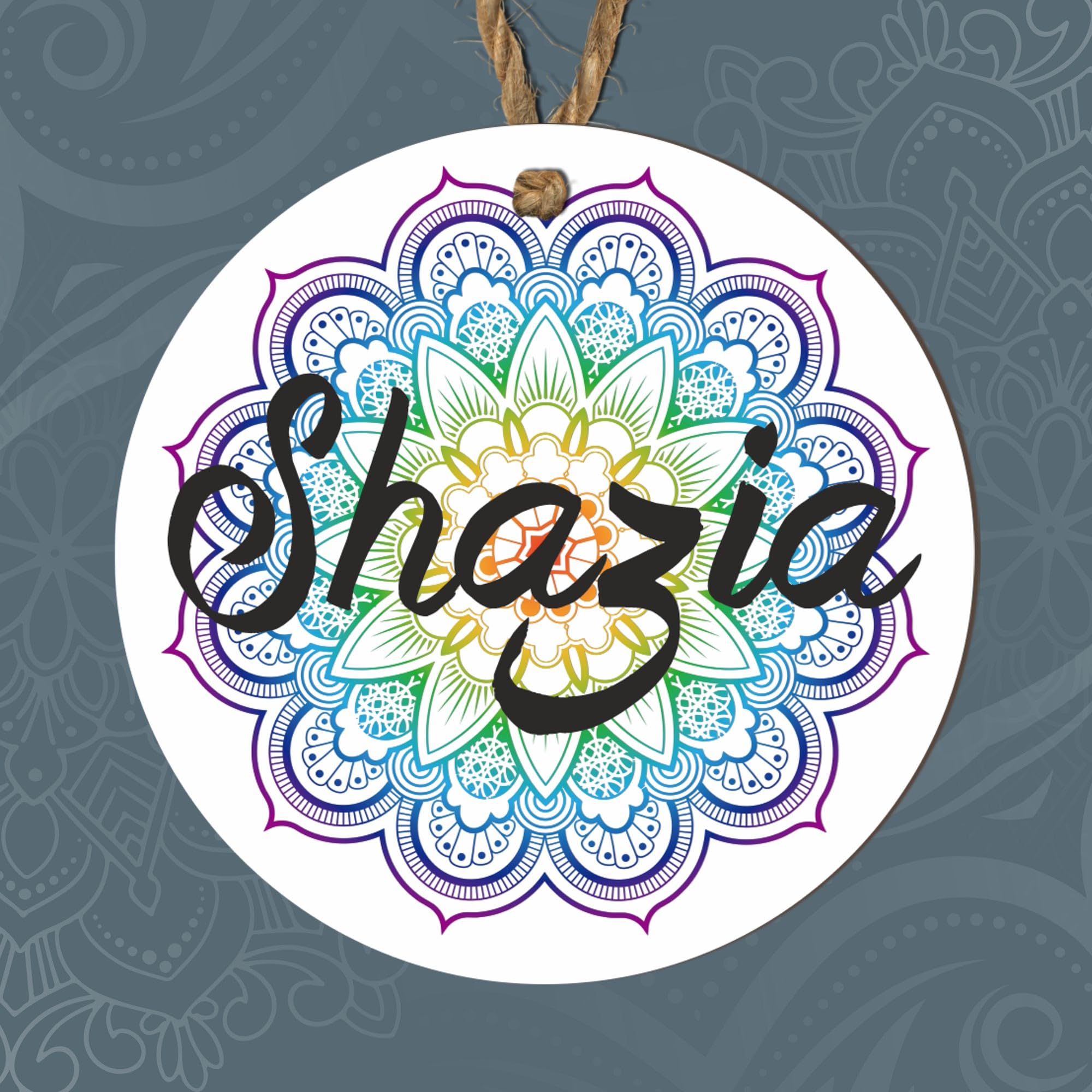 Personalised Name Eid and Ramadan Hanging Decoration Custom Family Islamic Decorations for Eid Mubarak Ramadan Mubarak Islamic Home Décor Baubles (Multi Damask, MDF Wood White Background)