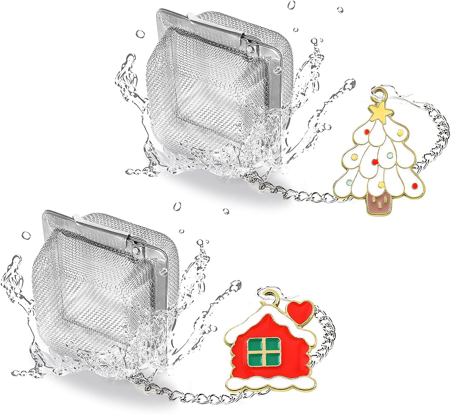 Christmas Themed Tea Infuser Set, Cube Tea Diffusers for Loose Tea, Reusable Tea Steeper with Christmas Tree and Santa Claus Pendant, 2 PCS