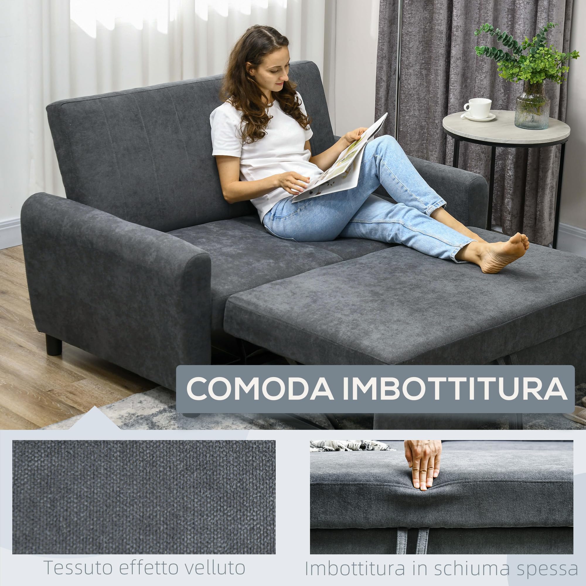 HOMCOM Divano Letto 2 Posti Clic Clac con 2 Cuscini 148x87x88 cm Grigio
