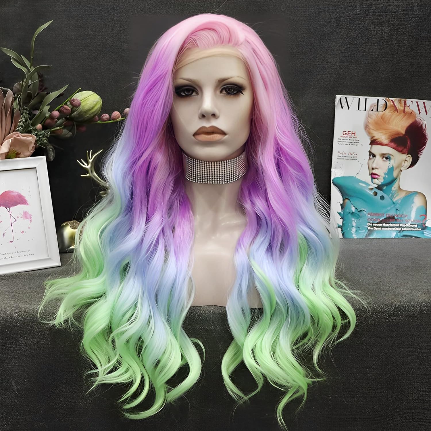 IMSTYLE Rainbow Synthetic Lace Front Wigs Colorful Natural Wave Synthetic Wig for Drag Queen Mermaid Cosplay Party 26 inches