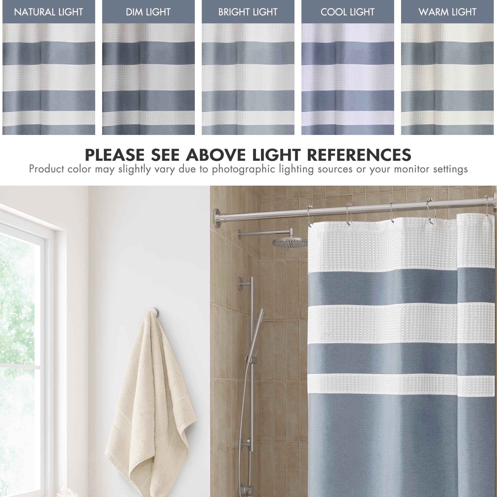 Madison Park Rideau de douche gaufré, gestion de l'humidité Scotchgard 3M, rideau de douche moderne qualité spa pour salle de bain, dimensions : 91 x 183 cm, bleu indigo