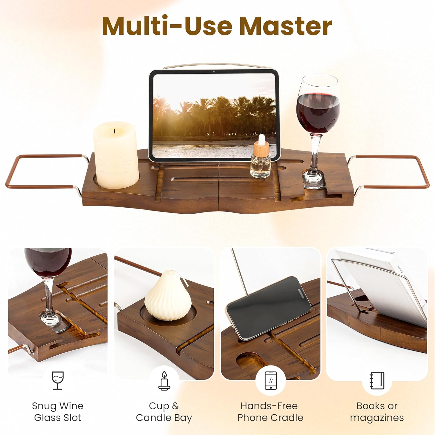 Teak Bathtub Tray Expandable Bathroom Tray for Home Spa Relaxation, Wooden Tray Caddy for Bathtub, Teak Bathtub Caddy as Unique Housewarming, Birthday, Wedding Shower Gifts. Light Walnut