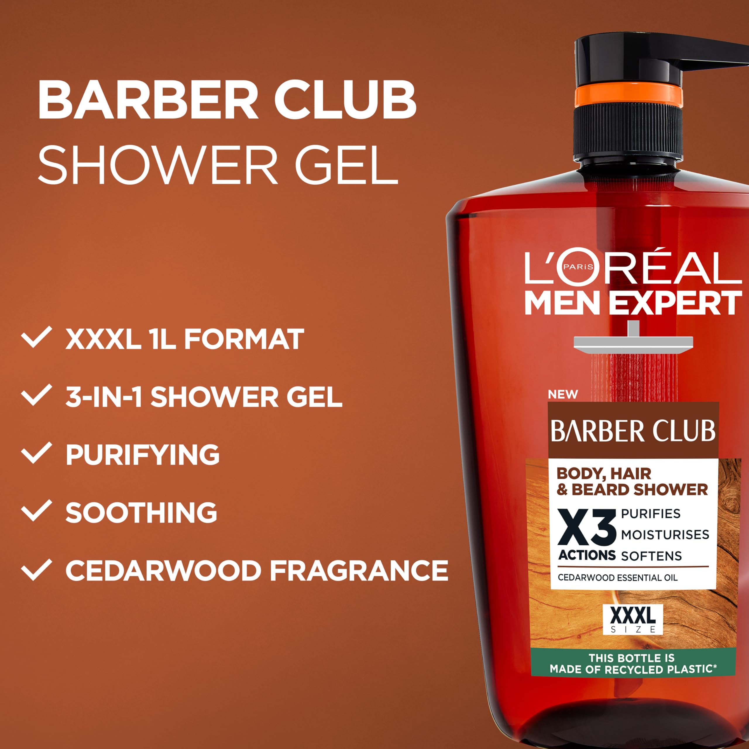 L'Oréal Men's Shower Gel, Men Expert Barber Club 3-in-1 Body Wash 1L Pump, Cedarwood Oil for Body, Hair & Beard Grooming, Deep Cleanse & Active Moisturisation - 4