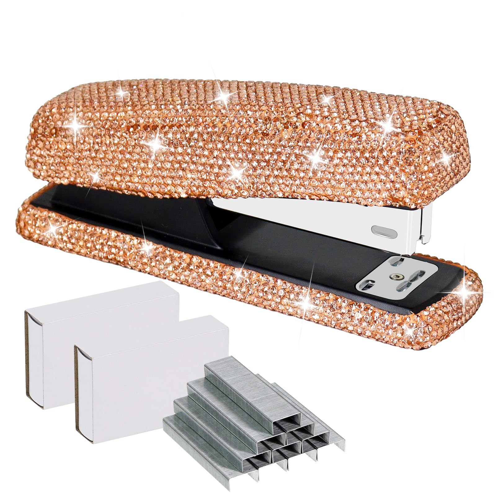 Multibey Agrafeuse de bureau à strass avec 2 000 agrafes argentées, capacité de 25 feuilles, agrafeuse de bureau élégante et accessoire de bureau éblouissant pour femme (or champagne)