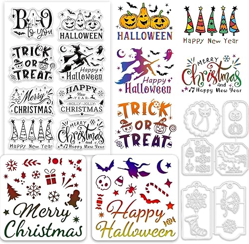 INFUNLY Juego de sellos y troqueles transparentes para Halloween, troqueles de corte, plantillas de Feliz Navidad para hacer tarjetas, Halloween,