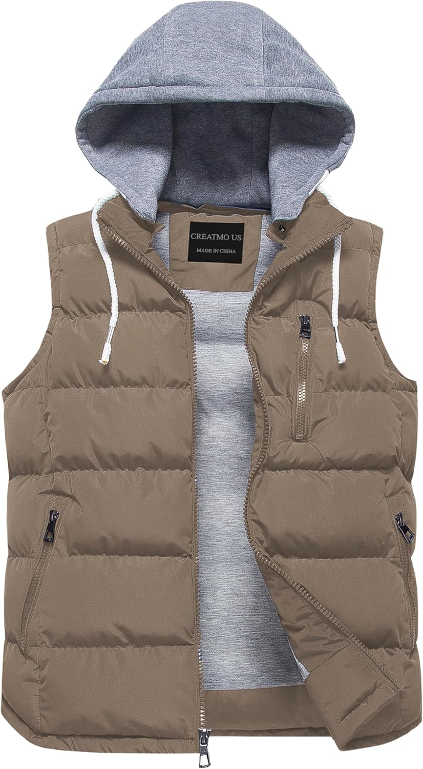 CREATMO US Men's Outdoor Winter Vest Outerwear Removable Hooded Padded Puffer Sleeveless Vest