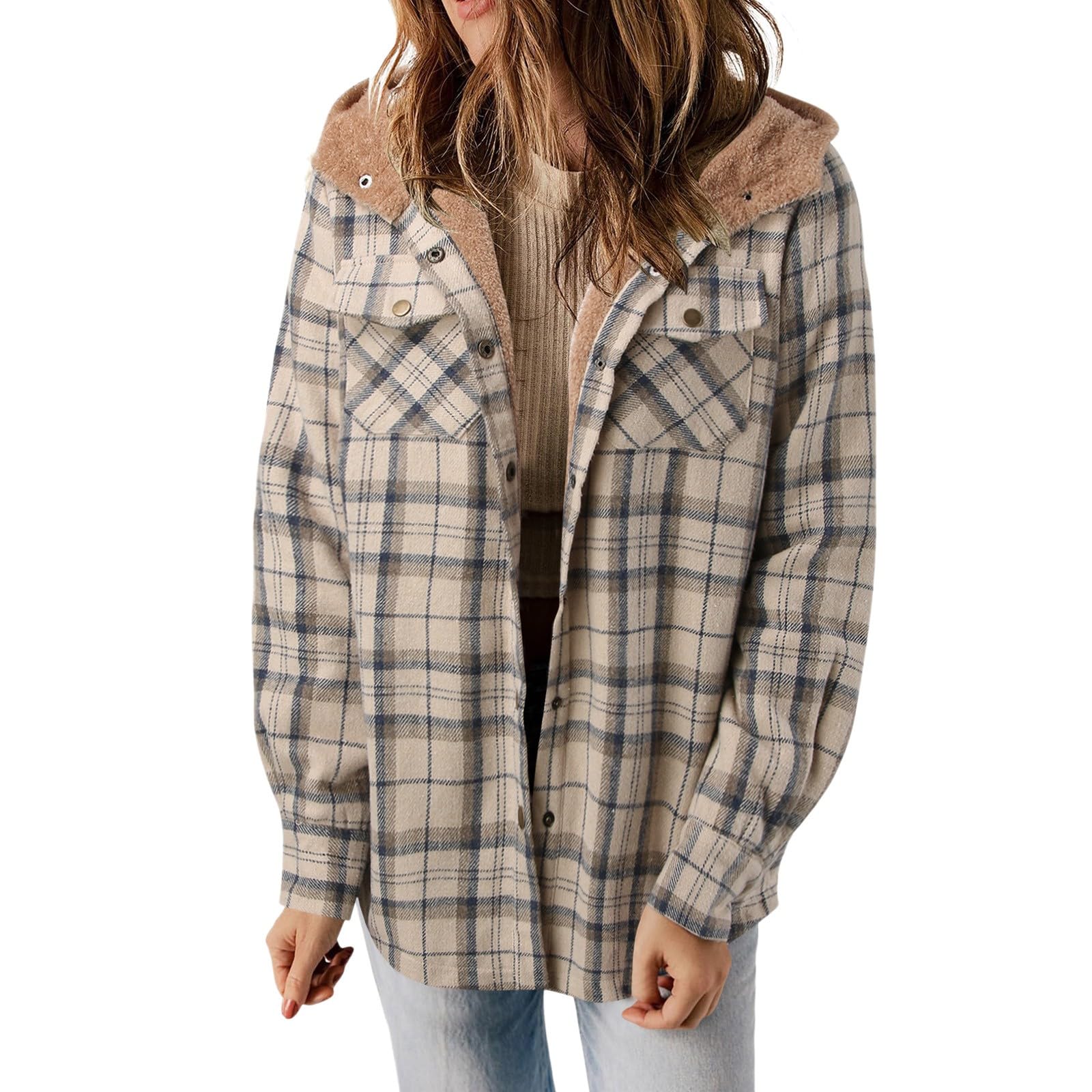 Damen Hemdjacke Flanell Warm Kariert Herbst Winter Langarm Jacke Gefüttert Plüsch Hemdjacke Karo Blusen Hemdbluse Jacket Bluse Blusen