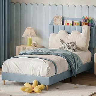GAOMON Twin Bed Frames with Bookcase Headboard for Boys/Girls, Blue
