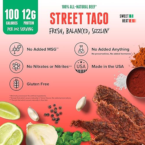 Vista 6 de Baja Vida Street Taco Beef Jerky - Paquetes de bocadillos de carne seca dulce y picante, cecina saludable, sin gluten, carne de res totalmente