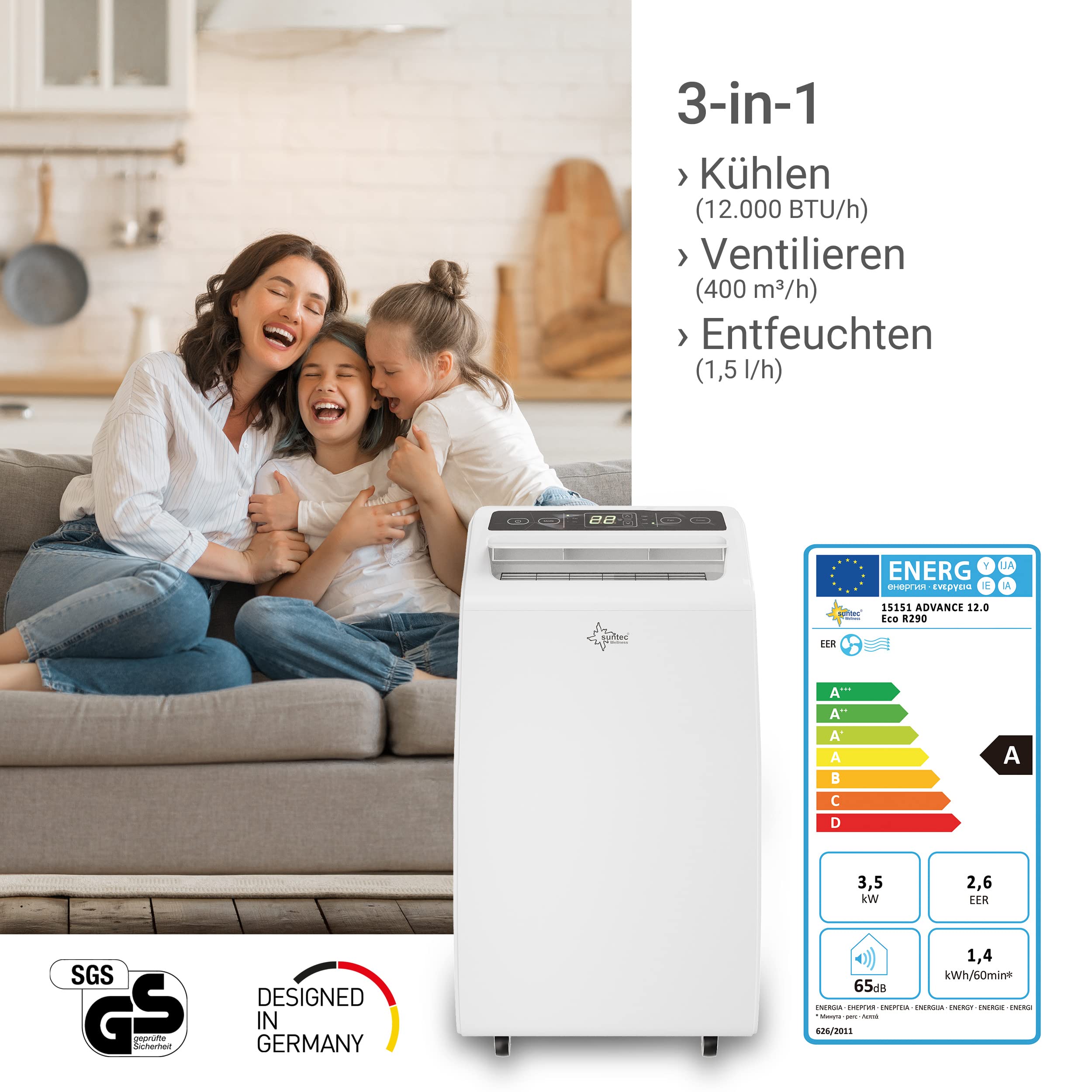 SUNTEC Mobiles lokales Klimagerät Advance 12.0 Eco R290 | Klimaanlage für Räume bis 60 qm | Abluftschlauch | Kühler und Entfeuchter mit ökologischem Kühlmittel | 12.000 BTU/h | Für Wohnung und Büro