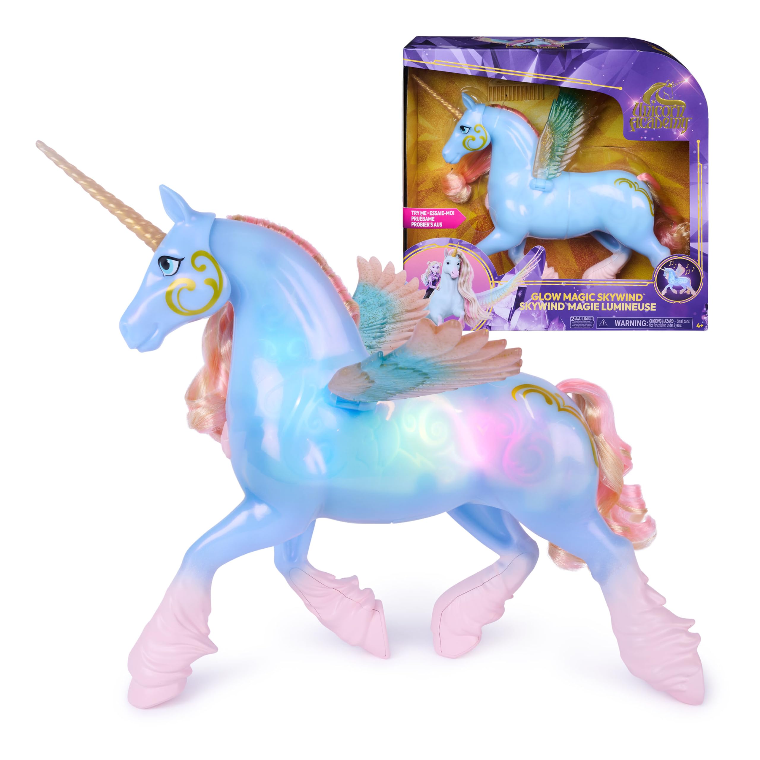 Unicorn Academy Glow Magic Skywind Einhorn, ab 4 Jahren | Leuchtendes Horn & Körpermuster | Sounds & Musik | Transparente Flügel | Stylbare Mähne & Schweif | Vater aller Einhörner