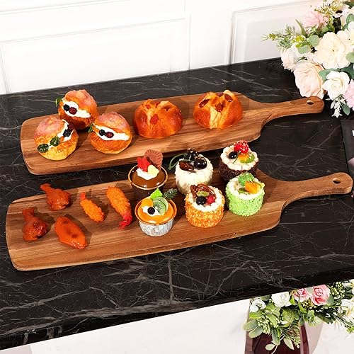 Vista 7 de Kathfly 3 tablas de cortar de madera de acacia con mango láser de madera para servir charcutería para verduras, carne, pizza, queso, pan de frutas