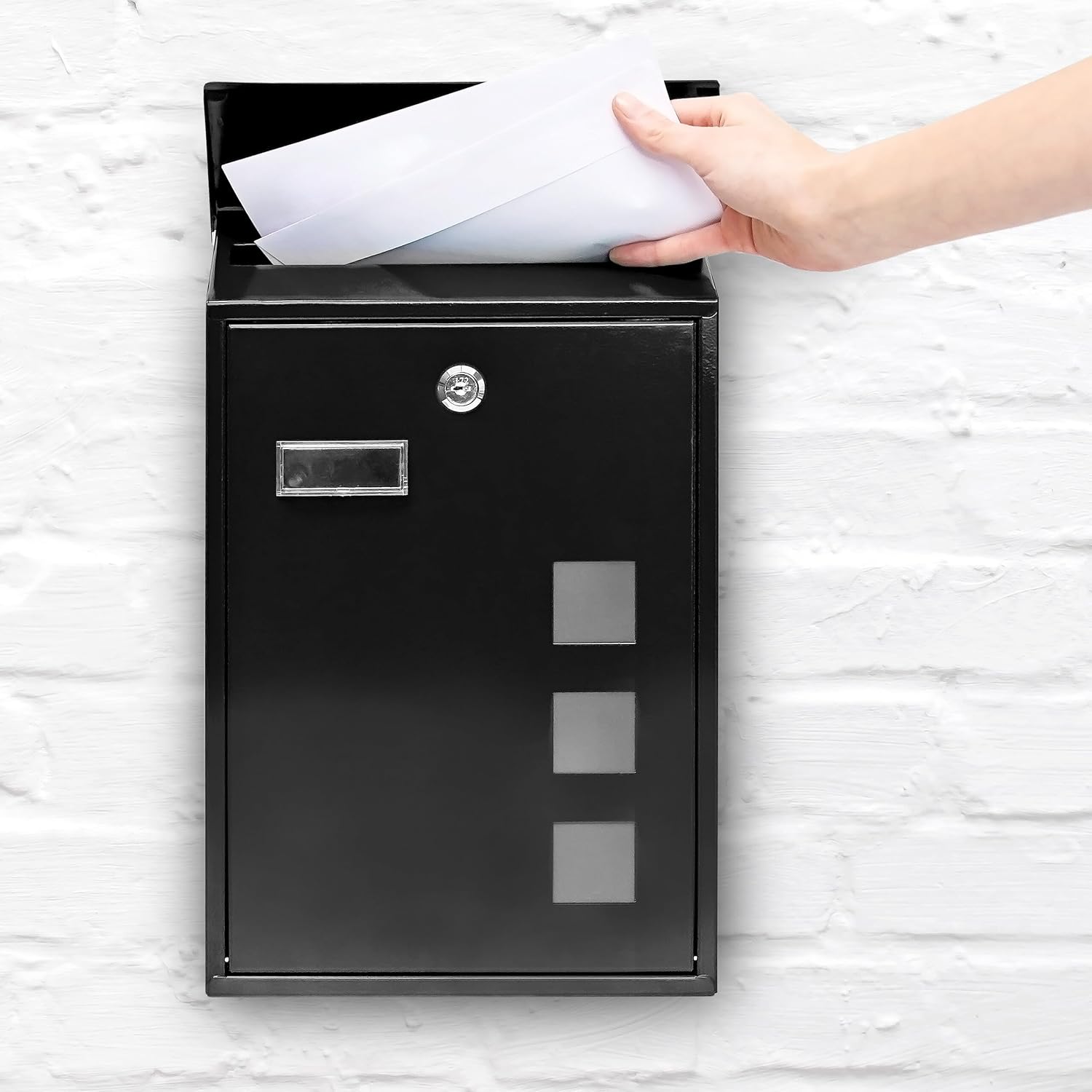 Relaxdays Design Mailbox/Letterbox Metal 4 Colours 3 Viewing Windows 25x40 cm Post Mail Secure, Black