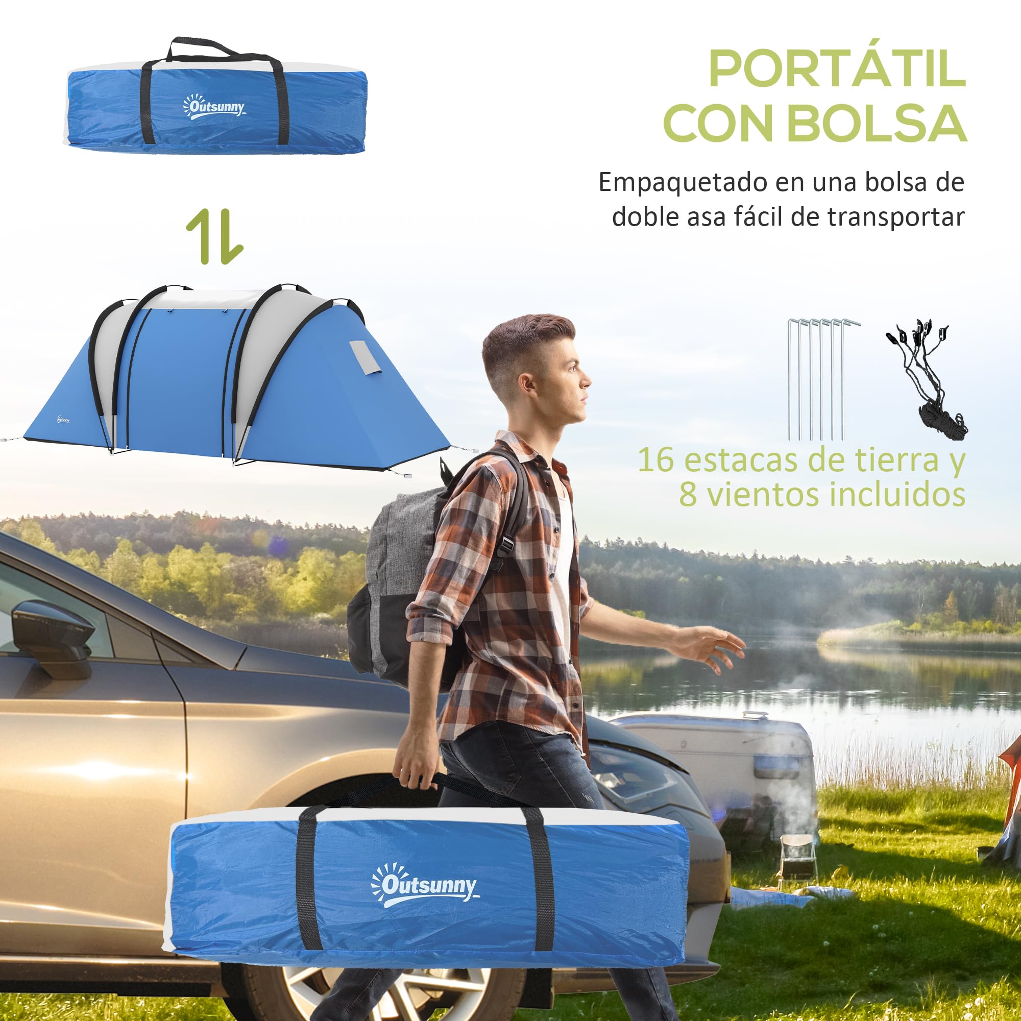 Outsunny Tienda de Campaña Familiar para 4-5 Personas Tienda de Acampada de Túnel Impermeable 3000 mm con 2 Dormitorios Bolsa de Transporte y Gancho para Pescar Senderismo