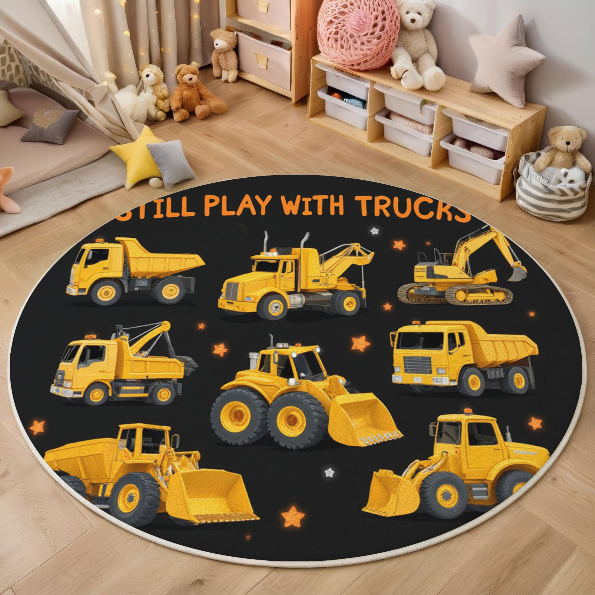 Tappeto Rotondo Salotto 140cm Tappetini a Pelo Corto Veicoli Da Costruzione Antiscivolo Lavabile Bambino Scendiletto per Bambini Cameretta, Zona Balcone, Tappeto Tavolino, Nero