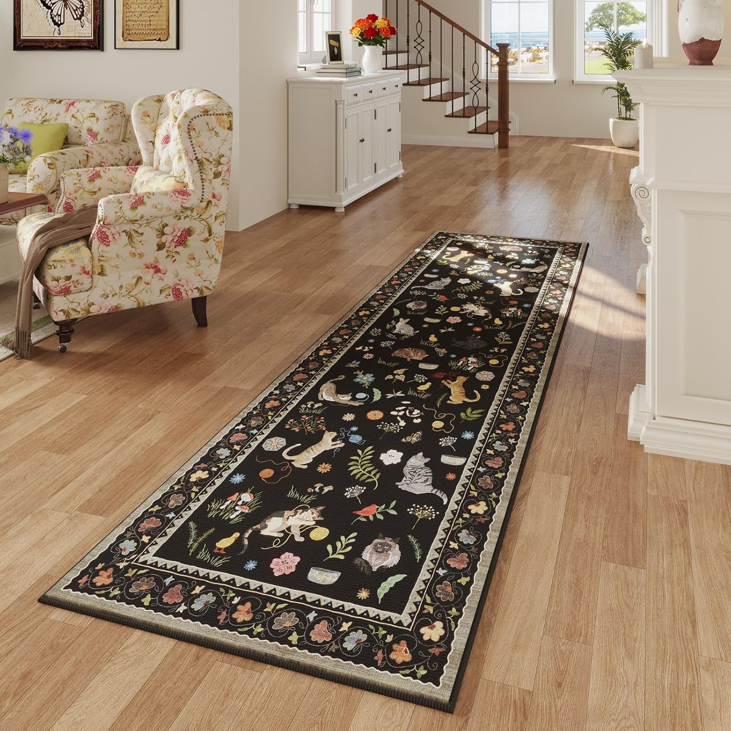 Rugcomf 2x5 Runner Rug - Floral Cat Machine Washable Kitchen Rug, Non-Slip Low Pile Boho Carpet for Hallways, Laundry, Entryway, Bedroom, Bathroom - Black