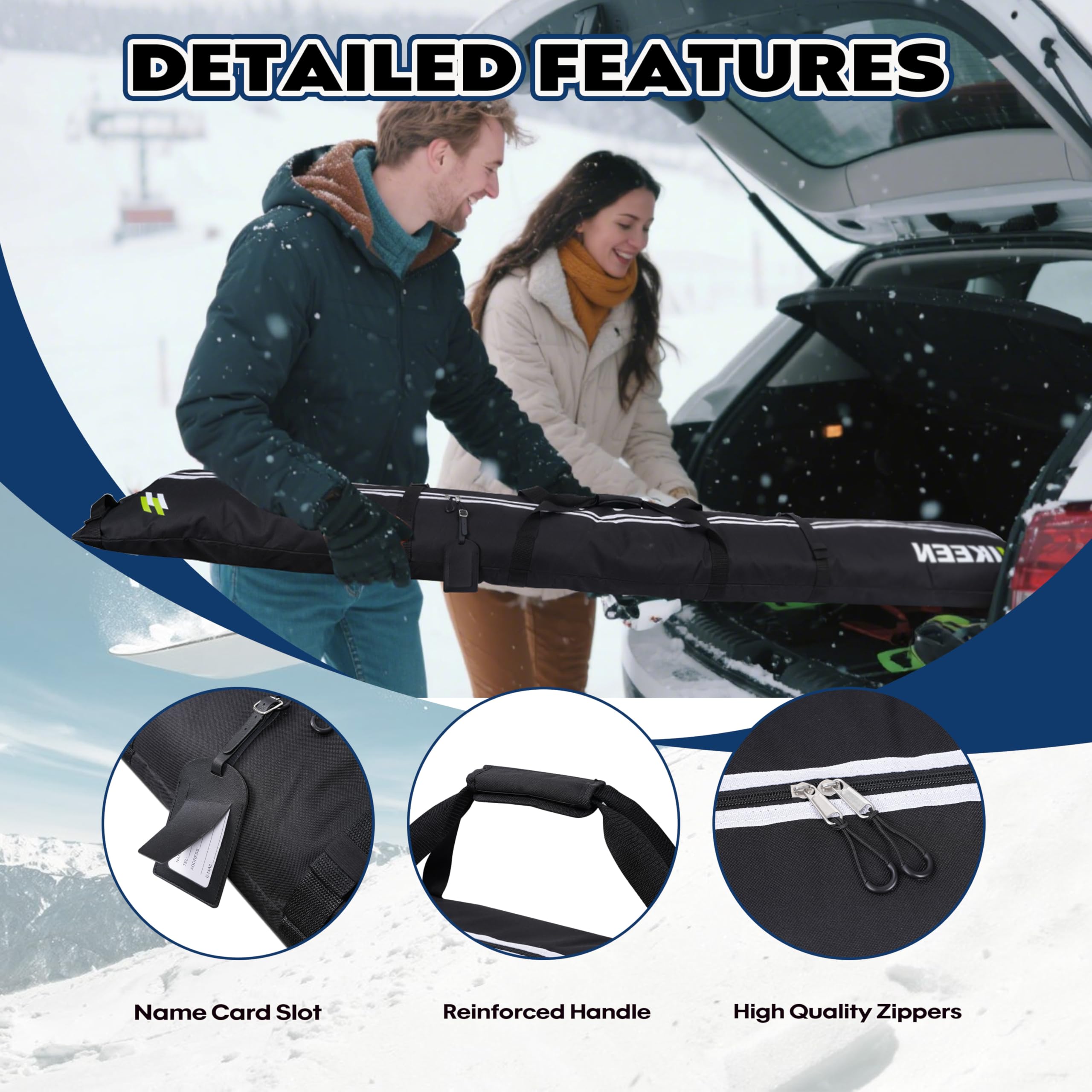 BOOSTEADY Sac de Ski pour 2 Paires de Skis, Housse pour 1 Snowboard avec Bandoulière Rembourrée, Longueur Réglable 210cm, Sac Imperméable