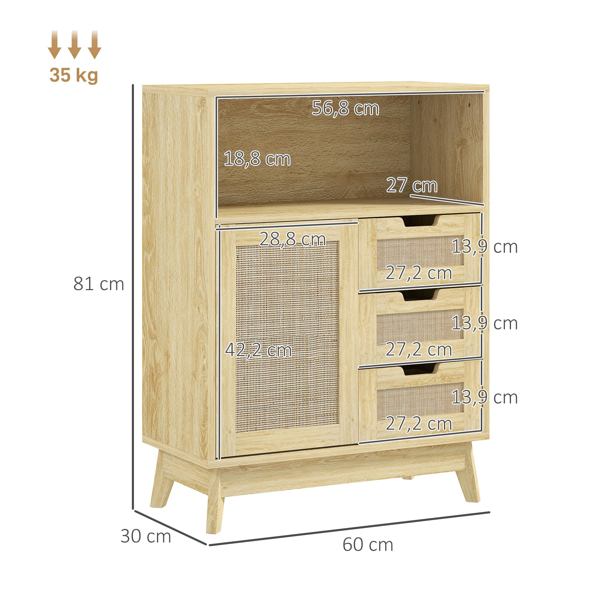 Buffet De Rangement HOMCOM 60x30x81 Cm - Bois Naturel, 3 Tiroirs, Placard Et étagère Réglable, Style Boho - 4