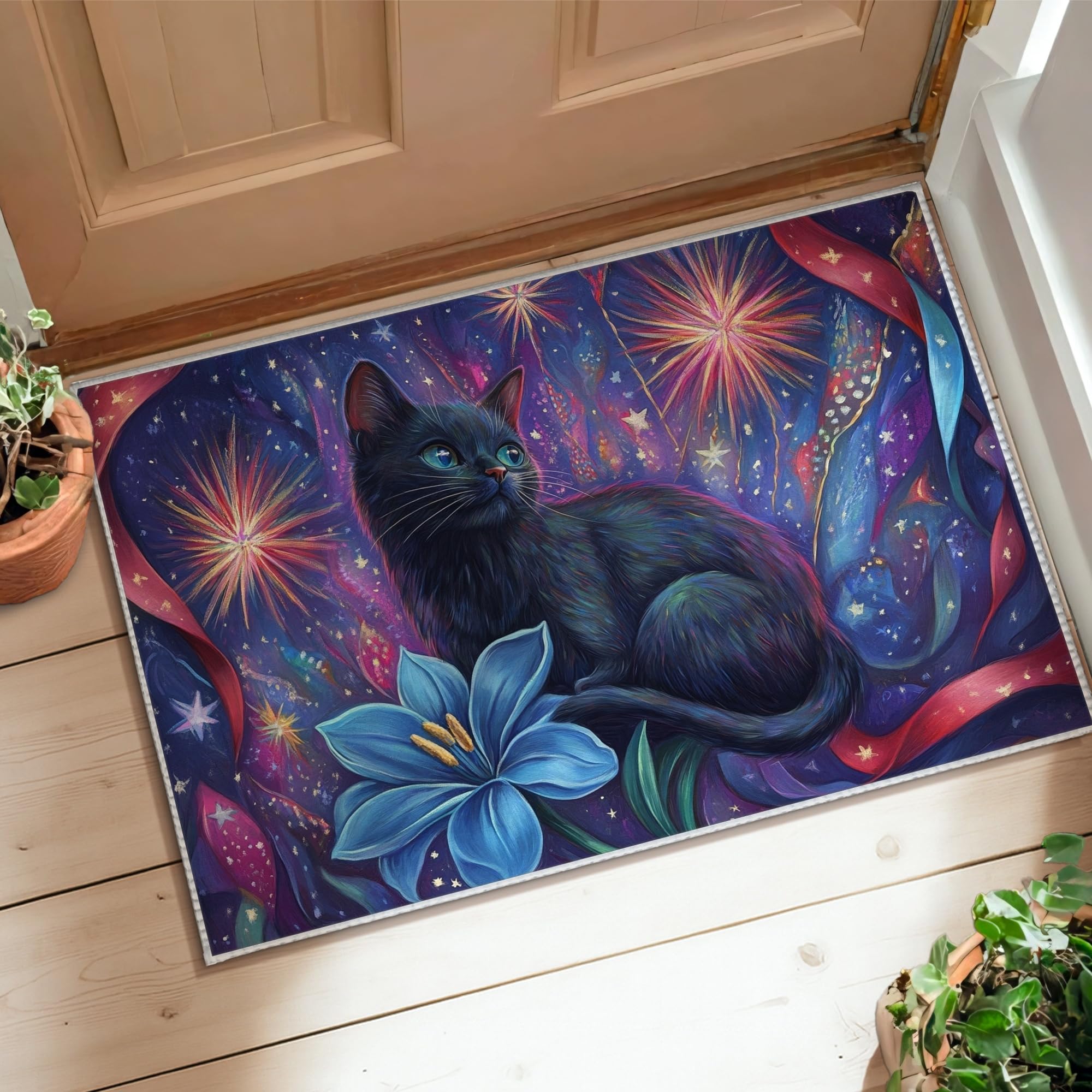 Tapis de sol cuisine antidérapant lavable motif chat et étoiles