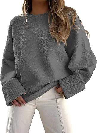 ANRABESS Women's Crewneck Long Sleeve Oversized Fuzzy Knit Chunky Warm Pullover Sweater Top