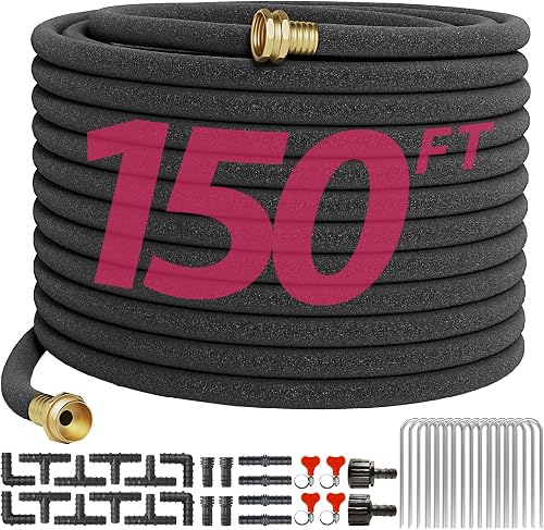 Soaker Hose 150FT 1/2 Inch Premium Kit with Solid Brass Connectors & Stakes, for Deep Root Watering in Flower Beds & Landscaping