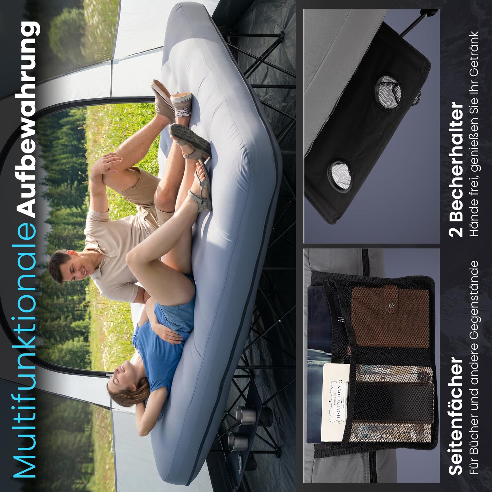 FUNDANGO Campingbett für 2 Personen mit elektrischer Pumpe, Luftmatratze mit klappbarem Gestell, tragbares Bett mit Getränkehalter & abnehmbarem Bezug, inkl. Tragetasche