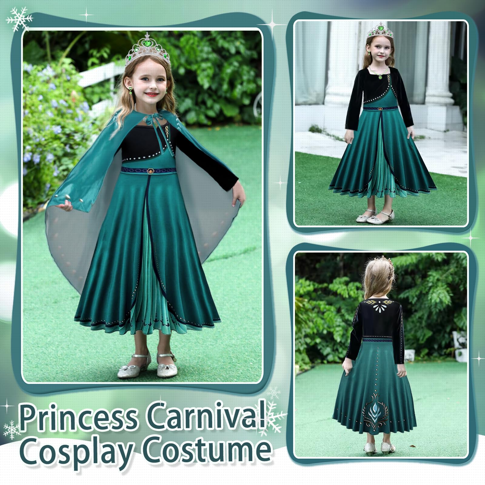 Prinzessin Kleid Mädchen, Langarm Kostüm Kleid mit Umhang für Kinder, Prinzessin Königin Grün Krönung Kostüm für Kinder Verkleidung Karneval Halloween Weihnachten Fasching Cosplay