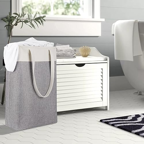 Miniatura 10 de QY-SC22-2 - Cestas plegables para ropa sucia con correas de tela beige y gris, cesta de ropa sucia