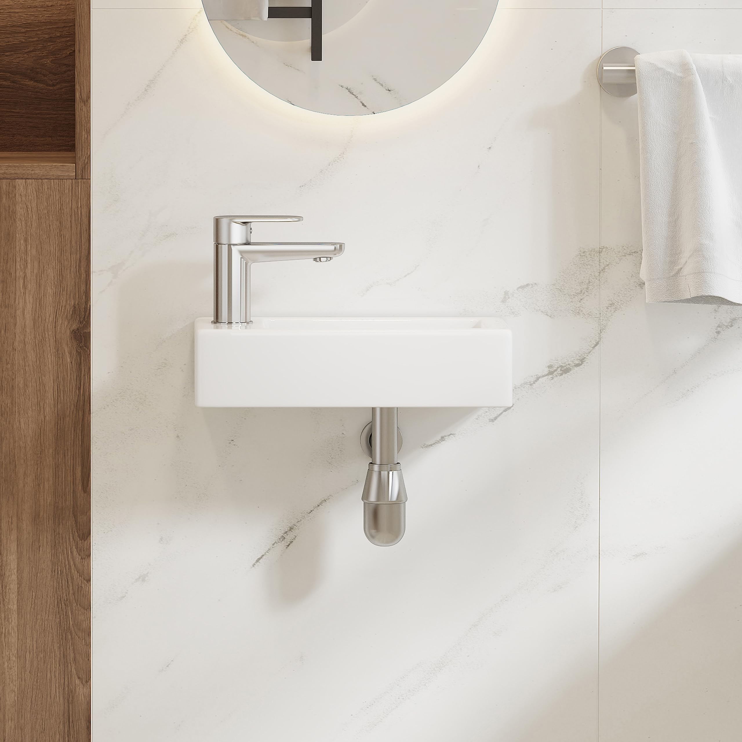 Eridanus Lavabo de baño, para colgar en la pared, ahorra espacio, rectangular de cerámica blanca, grifo izquierdo para lavabo, armario, inodoro, moderno lavabo pequeño (solo lavabo)