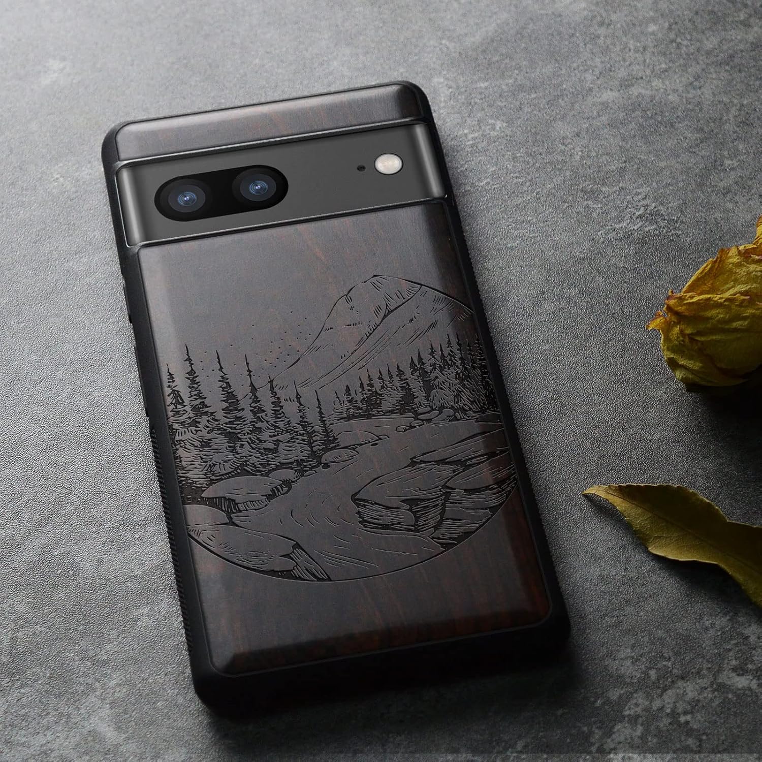 Carveit Wood Case for Pixel 7a Case [Natural Wood & Black Soft TPU] Shockproof Protective Unique & Classy Wooden Phone Cover Compatible with Google Pixel 7a (Natural Landscape-Blackwood)