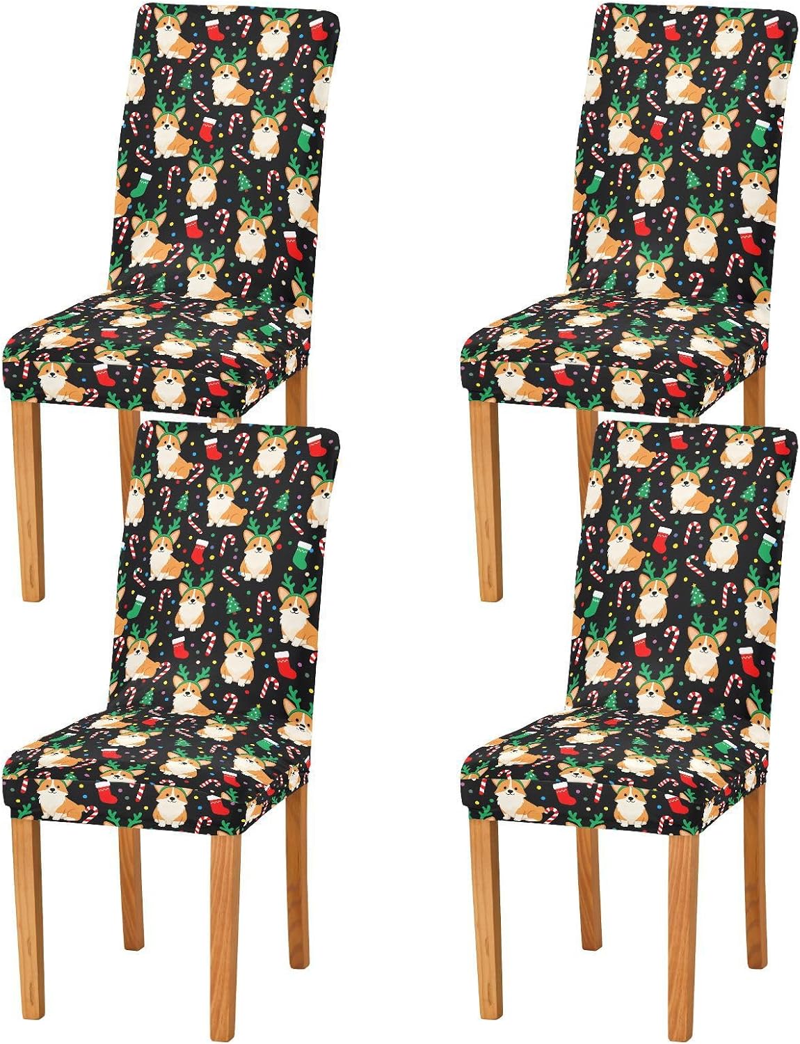 ALAZA Chair Covers for Dining Room, Corgi Christmas Pattern Stretch Chair Cover Sets Chair Protector Removable Washable for Ktichen Restaurant Hotel