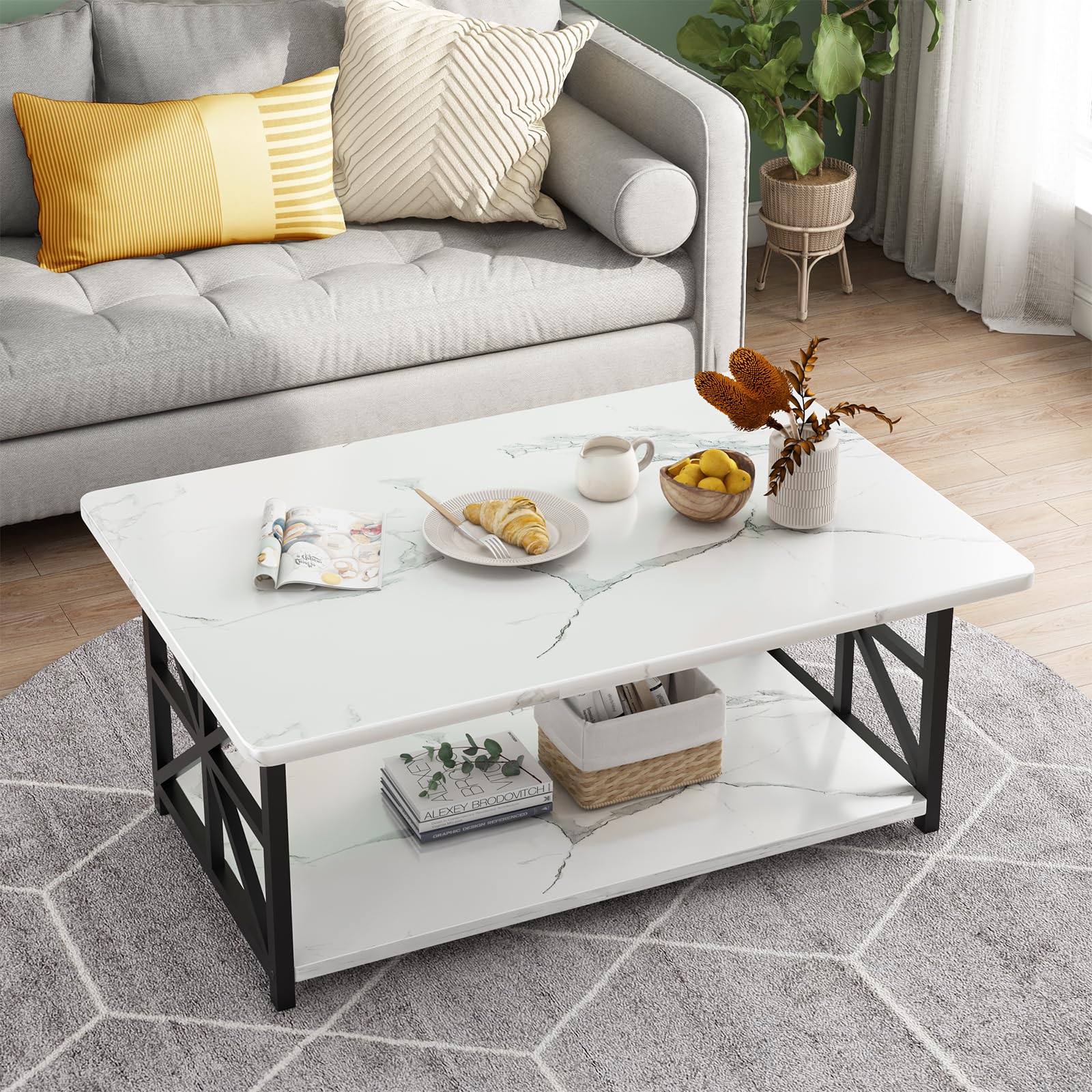 AWQM Faux Marble Coffee Table for Living Room with Round Corners,2 Tier Living Room Table with Storage Shelf,Rectangular Coffee Table Center Table for
