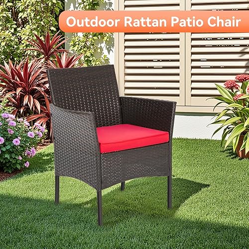 Miniatura 19 de FDW Juego de 3 sillas de mimbre marrón para patio, muebles de exterior, 2 sillas de ratán con cojines rojos y mesa de centro de cristal para porche