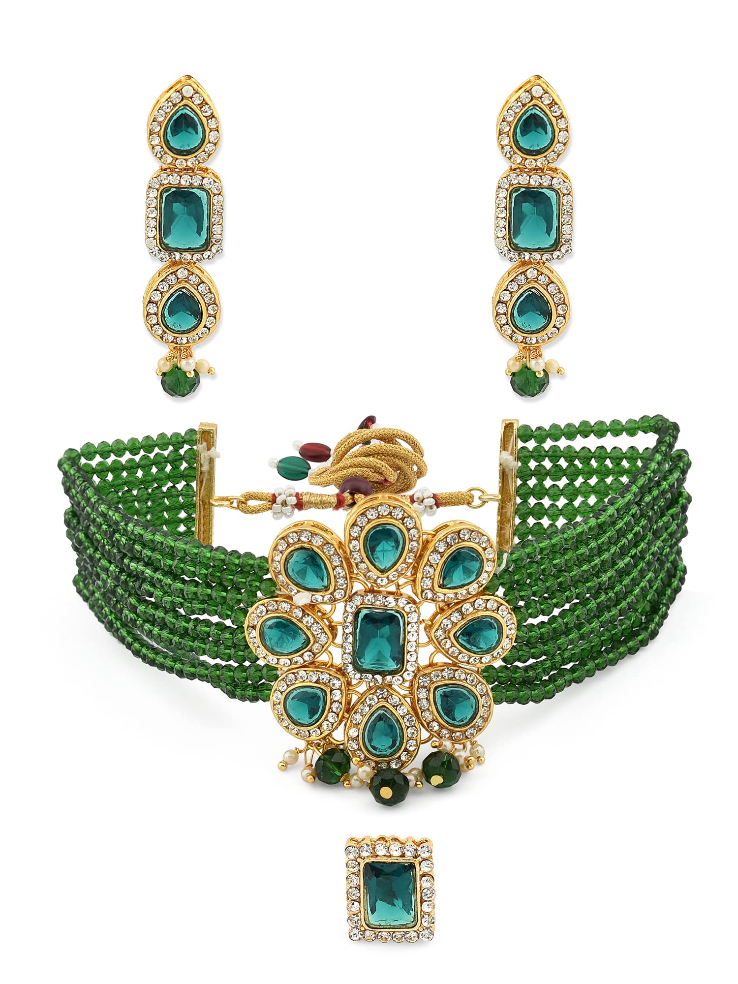 ZAVERI PEARLS Green Multistrand Ethnic Choker Necklace Earring & Ring Set For Women-ZPFK11588 (B09NMFVFD4) Amazon Price History, Amazon Price Tracker