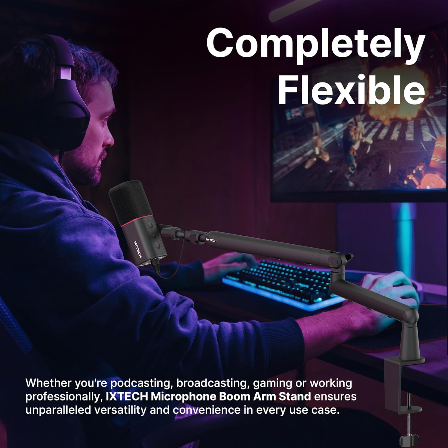 IXTECH Microphone Boom Arm, Low Profile 360° Swivel Mic Boom Arm, Adjustable Microphone Arm with Detachable Rise Column and Built-In Cable Management for Streaming and Recording.
