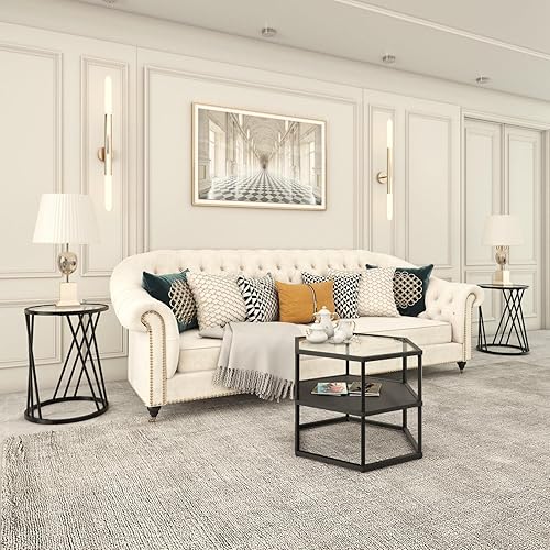 Miniatura 8 de Mesa auxiliar redonda, mesas auxiliares modernas para sala de estar, oficina, espacios pequeños, mesa auxiliar de cristal negro con marcos de metal,