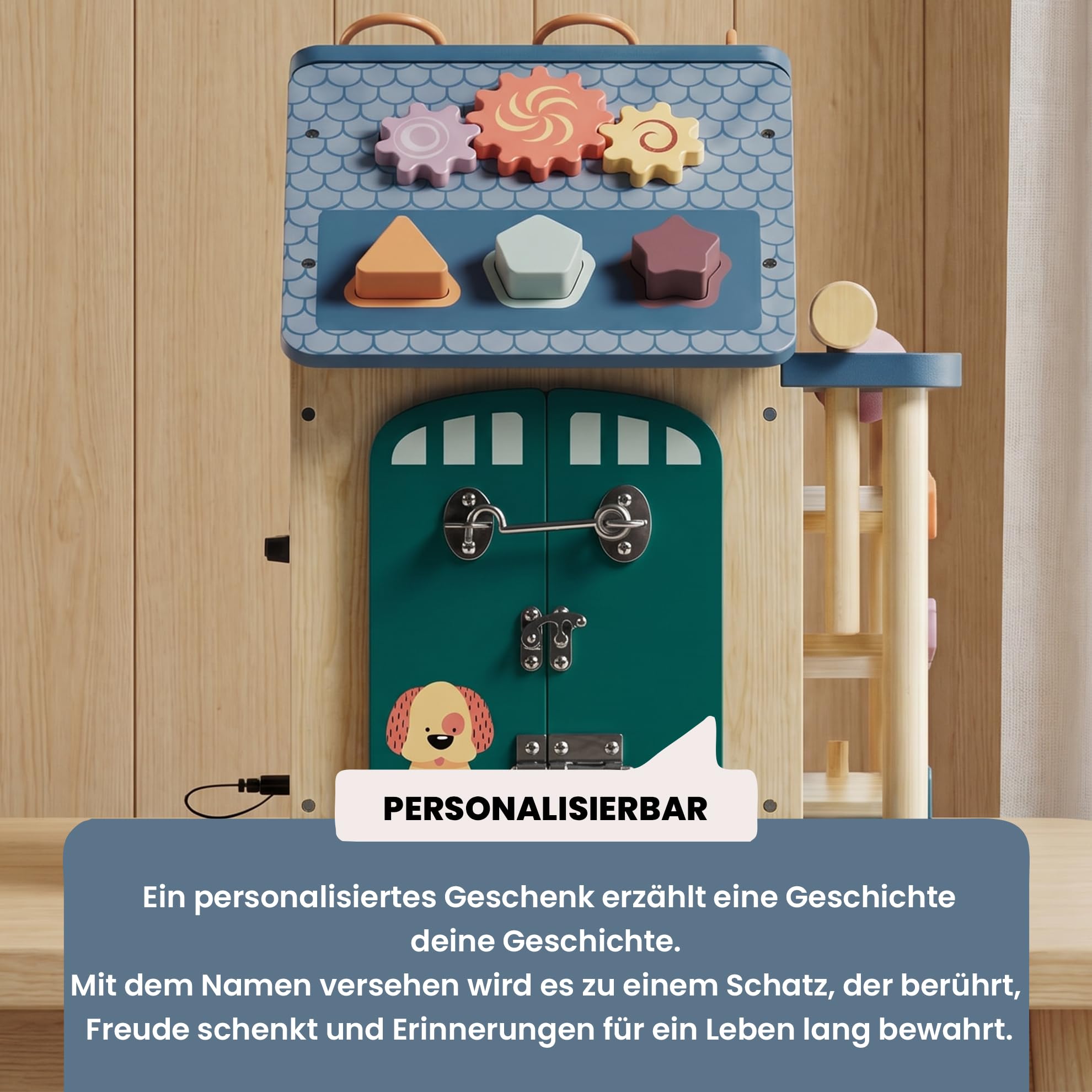 Activity Haus aus Holz personalisiert – 12-in-1 Motorikspielzeug ab 2 Jahre – mit LED-Elementen – Geschenkidee