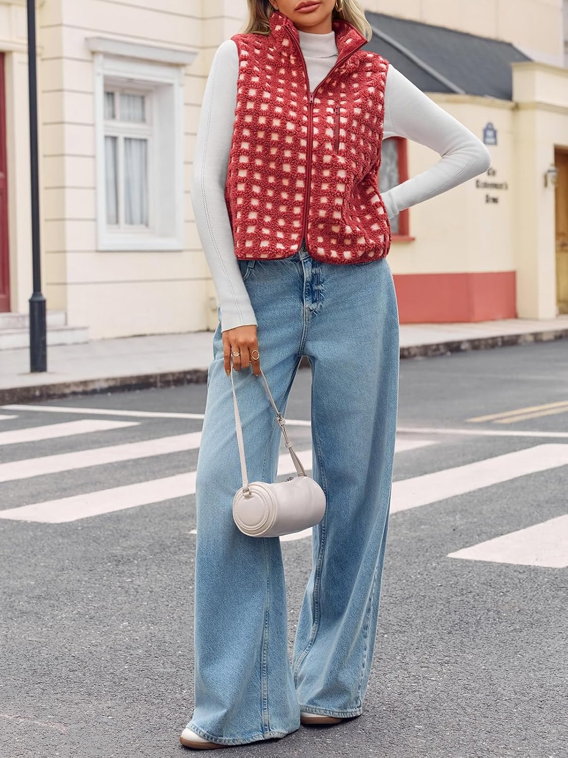 Tankaneo Womens Checkered Sherpa Vest Fleece Fuzzy Zip Up Sleeveless Jacket Casual 2025 Winter Warm Outwear - Image 4