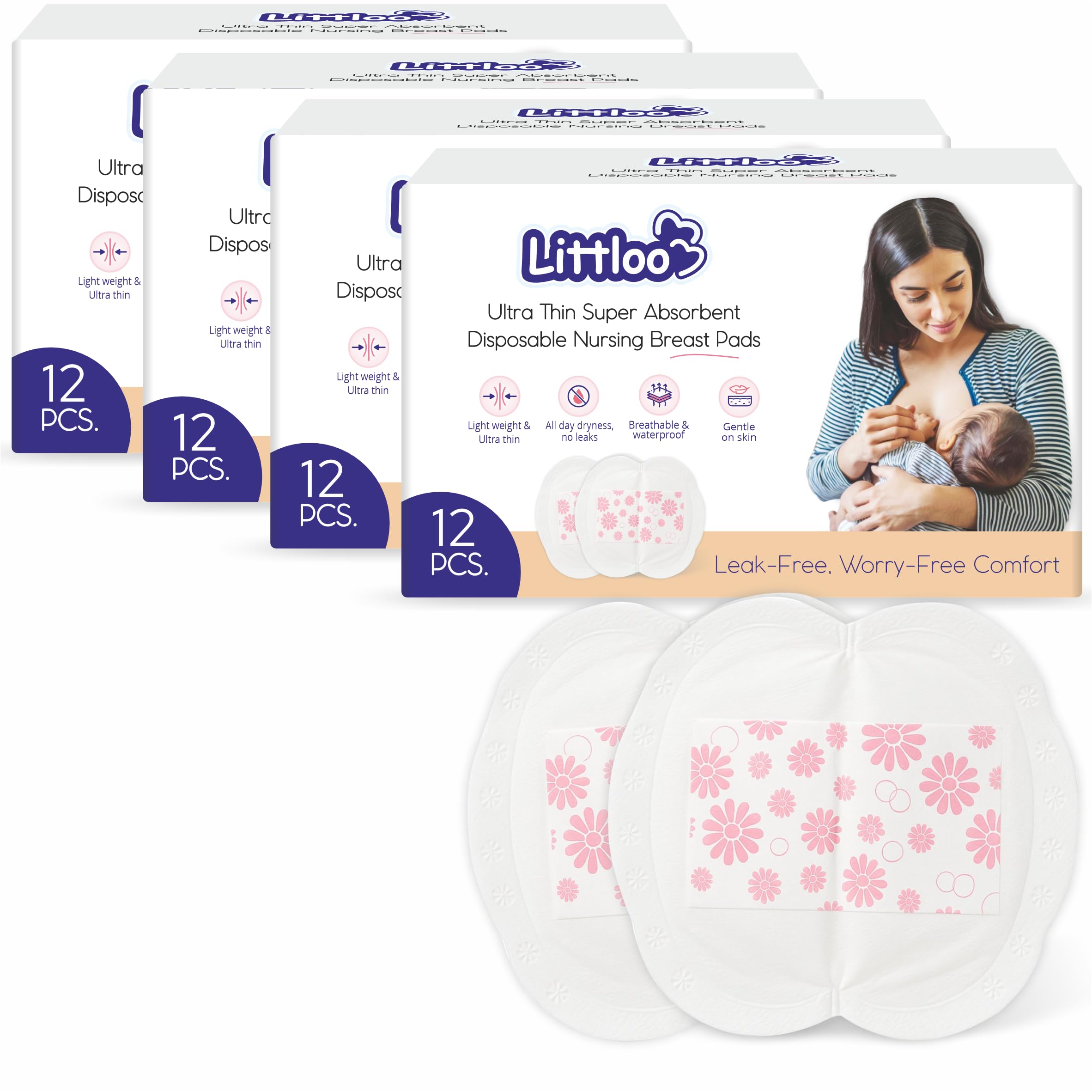 Littloo Ultra Thin Disposable Nursing Breast Pads - 12 Count (Pack of 4) | Super Absorbent, Individually Wrapped, Leak-Proof & Soft | Lightweight, Waterproof & Breathable-image-44