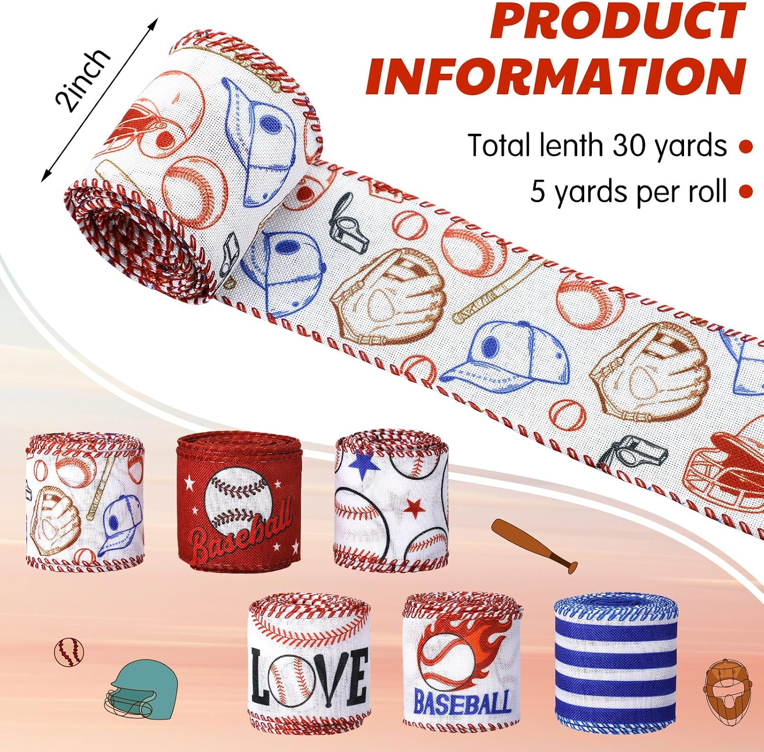 Juexica 6 Rolls 30 Yards Baseball Wired Edge Ribbon Patterned Ribbon Fabric Wrapping Craft for Sport Gift Wrapping Bows Party Decoration Sewing Supplies