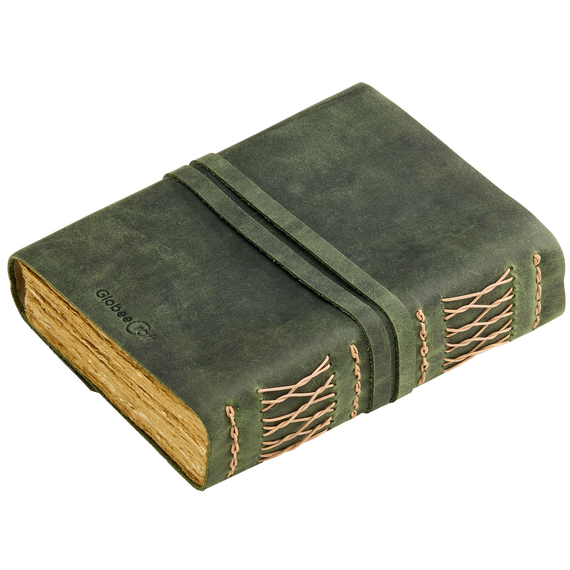Journal en Cuir Vert Vintage Fait Main 21x17 cm, Carnet en Cuir Écologique avec Papier Coton Deckle Edge, Carnet de Voyage Cuir pour Écrivains Nature
