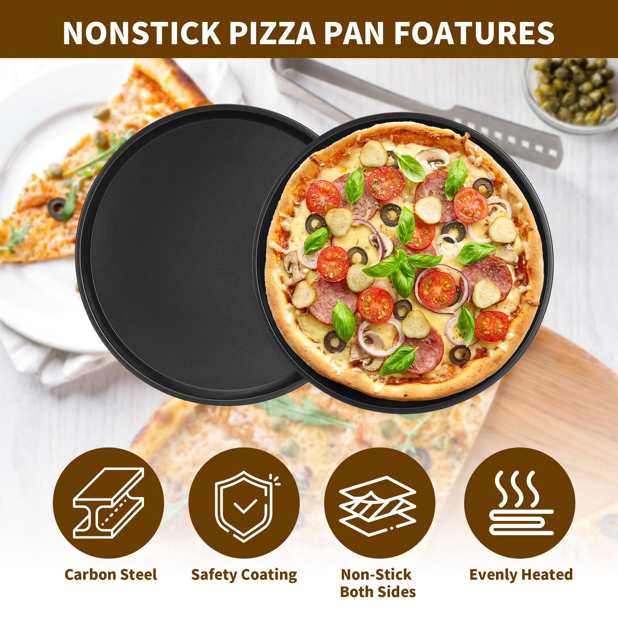 Paquete de 6 bandejas antiadherentes para pizza, bandeja redonda de horno de pizza de 12 pulgadas, bandeja de acero al carbono resistente para hornear pizza para hacer pizza (negro)
