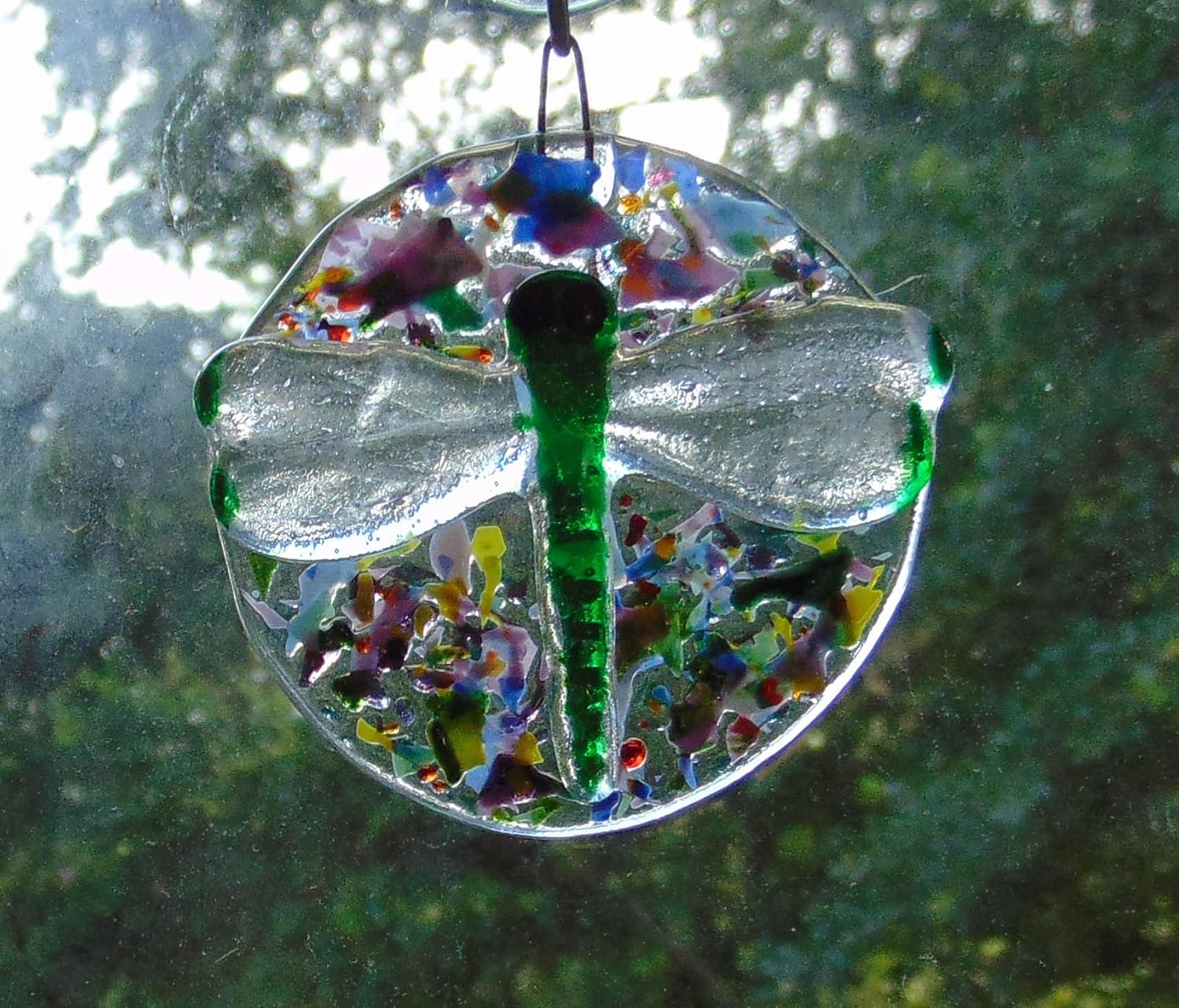 Handmade Iridescent Green Dragonfly Summer Round Garden Ornament Sun Catcher