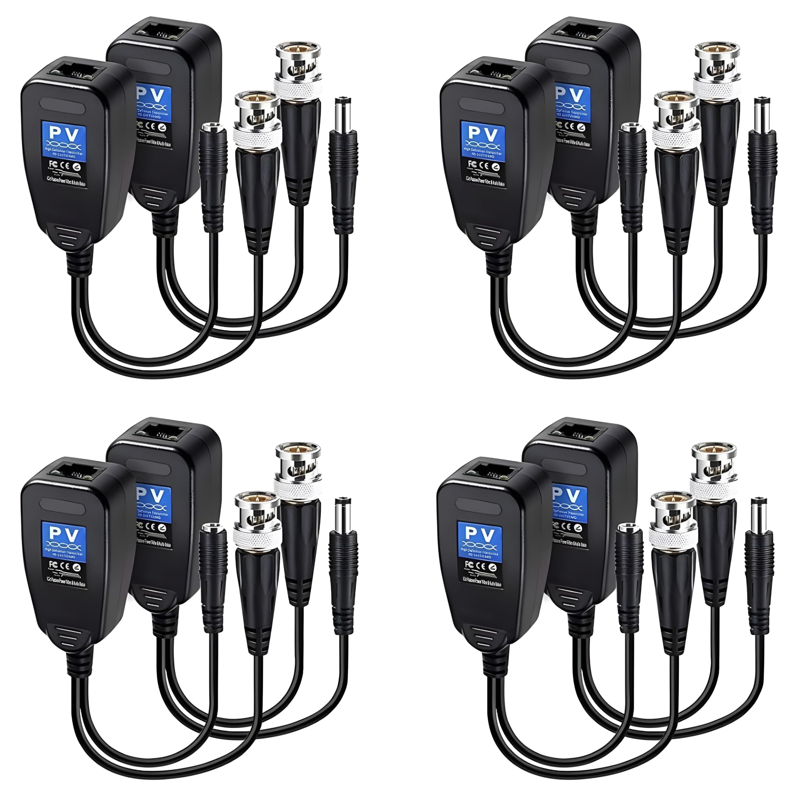 COOLCOLD Video Balun | 8MP (Pack of 4), Passive BNC DC to RJ45 Network Transceiver Cat5/Cat6 Adapter AHD/TVI/CVI/CVBS for Full HD CCTV DVR Security Surveillance Camera System (Black, 4 Pair)