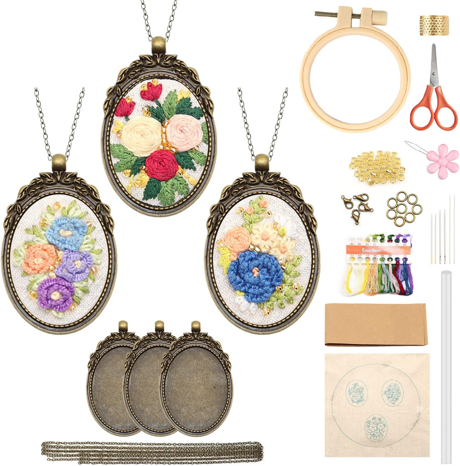 ZOCONE 3 Packs Embroidery Necklace Kit, Embroidery Pendant Kits Mini Cross Stitch Kit with Hoop, Necklace, Pendant, Beads, Stamped Pattern Cloth, Instructions, etc., Embroidery Kits for Adults