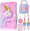9 Pcs Unicorn Secret Diary For Girls Fluffy Notebook with Handbag Pen Stickers Bracelet Fluffy Keyring Unicorn Stationery For Girls Age 5-12