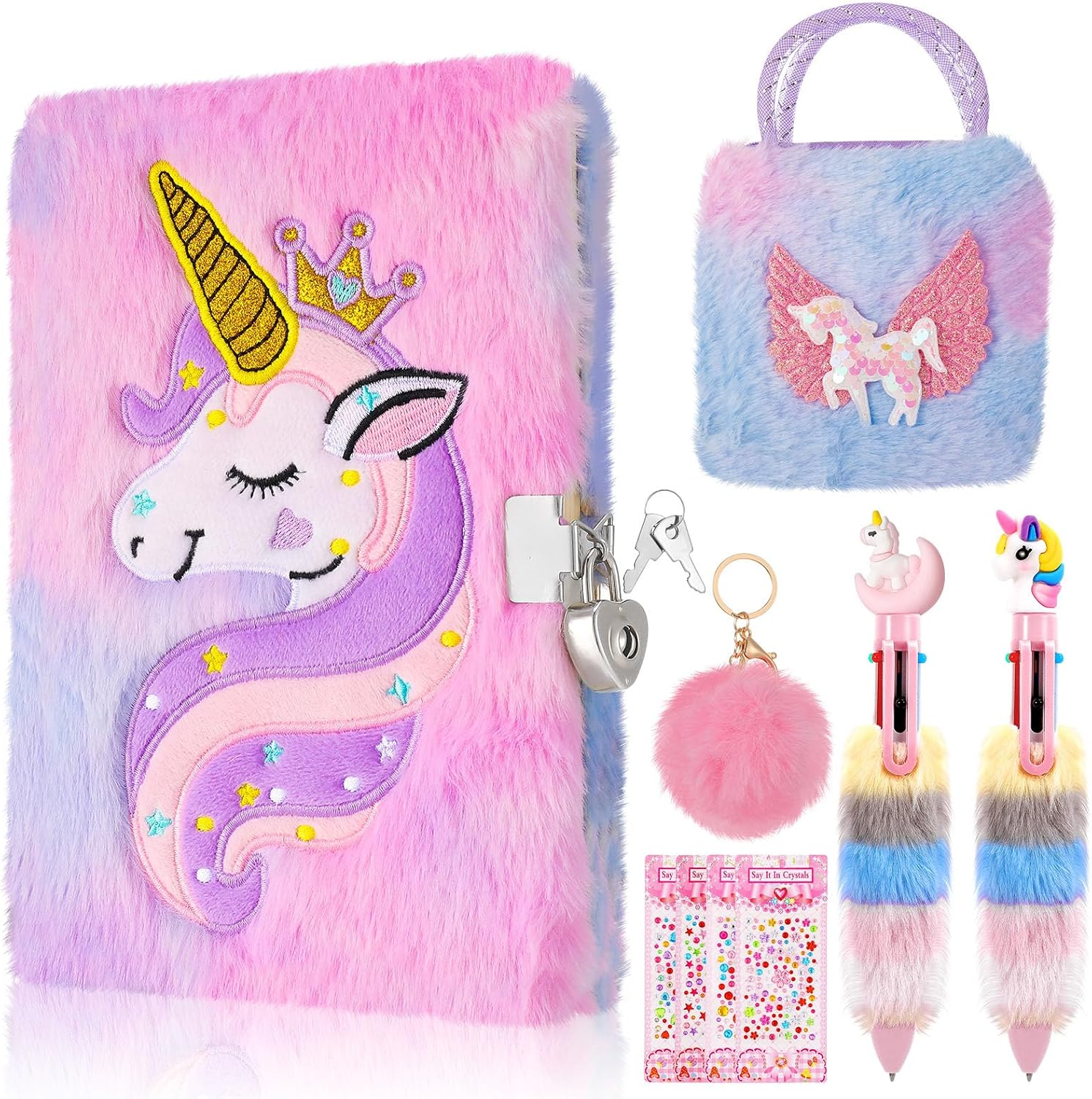 9 Pcs Unicorn Secret Diary For Girls Fluffy Notebook with Handbag Pen Stickers Bracelet Fluffy Keyring Unicorn Stationery For Girls Age 5-12
