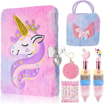 9 Pcs Unicorn Secret Diary For Girls Fluffy Notebook with Handbag Pen Stickers Bracelet Fluffy Keyring Unicorn Stationery For Girls Age 5-12